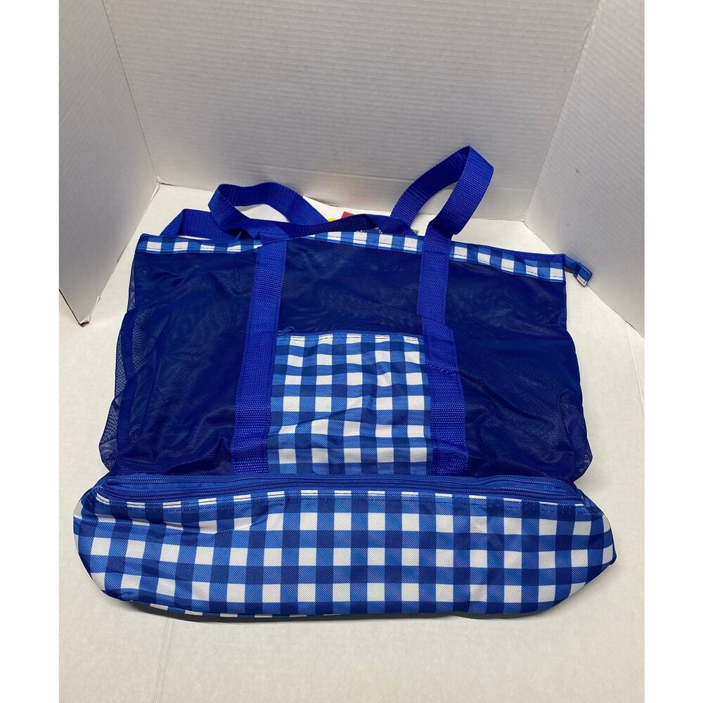 Sun Squad Blue Gingham Mesh Cooler Beach Tote Bag New